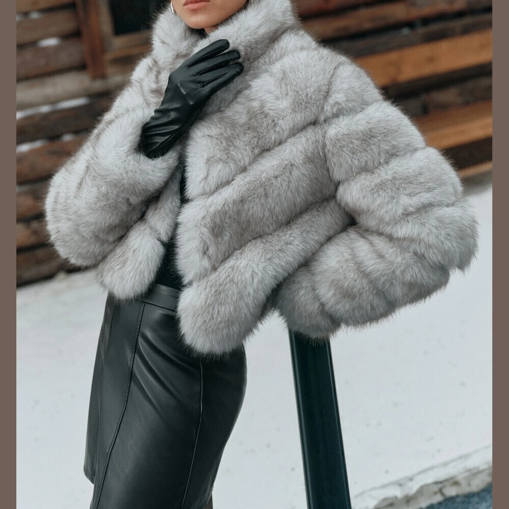 Gray Faux Fur Collared Oversized Short Cropped Teddy Jacket Coat